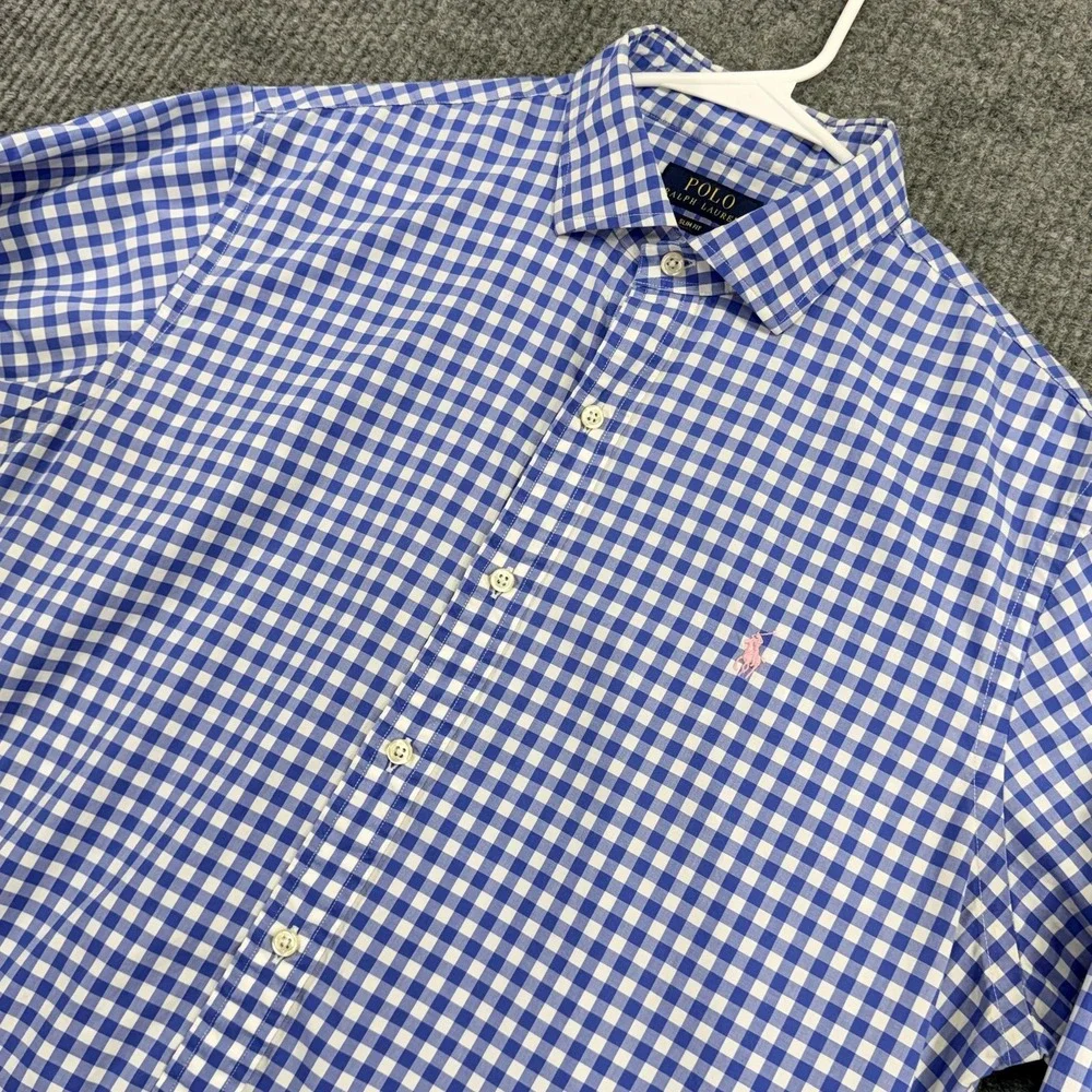 Polo Ralph Lauren Shirt Mens Large Blue Check Slim Fit Button Down Long Sleeve